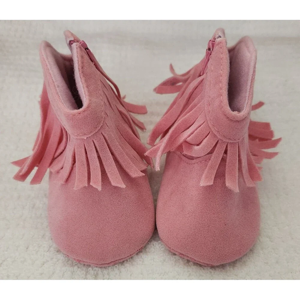 Baby Pink Fringe Cowboy Boots Infant Size 2 Soft Sole Zippered Crib Shoes